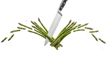 Bunch of green asparagus spears being sliced in half by a sharp kitchen knife in mid-air, dynamic cooking action on a transparent background.