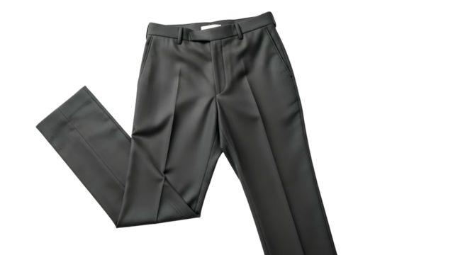 Formal, dark grey trousers, folded neatly, against a black backdrop, top-down view