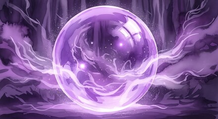A glowing purple orb pulsates with energy amidst swirling mystical clouds.