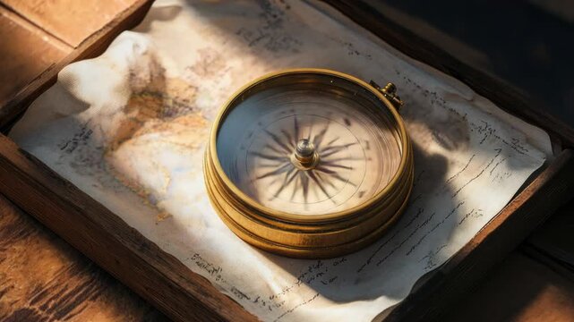Video A gold compass sits atop a piece of paper, ready for use