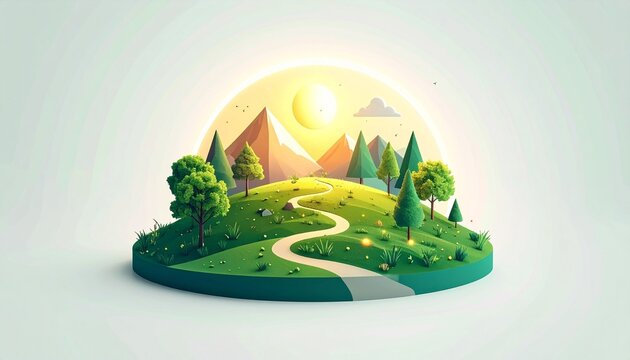 Surreal floating island with trees, path, and glowing sunlit sky.