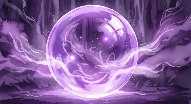 A glowing purple orb pulsates with energy amidst swirling mystical clouds.