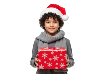 Smiling boy in santa hat holding a christmas gift isolated on transparent background