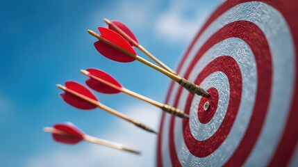 Target with Multiple Arrows Hitting Bullseye Against a Blue Sky Achieving Success and Highlighting Precision and Focus with Vivid Red and White Colors