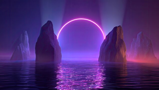 Mystical dark waters surrounded by jagged rocks, illuminated by a glowing neon ring - Powered by Adobe