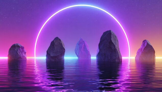 Luminous neon ring above water with dark stones under a gradient sky and stars
