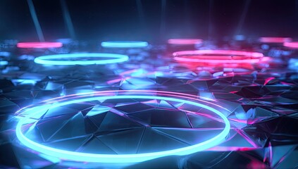 Abstract dark geometric surface with glowing blue and pink neon rings and light beams
