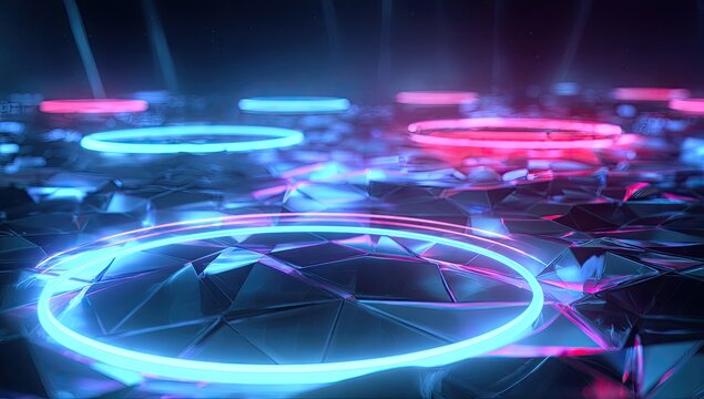 Abstract dark geometric surface with glowing blue and pink neon rings and light beams