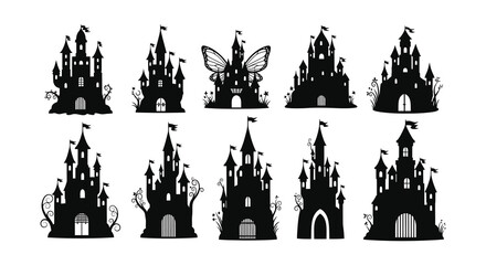 Silhouette collection of fairytale castles with flags and detailed architecture