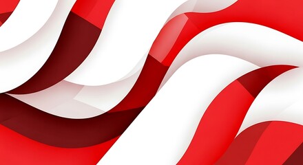 Abstract flowing waves in red and white create a dynamic backdrop.
