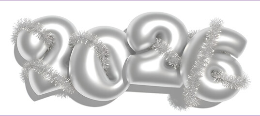 Silver 3D text 2026 on a white background with New Year's tinsel. Silver bubble typeface. Cute inflatable letters 2026. Happy New Year 2026 text design.