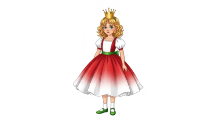 Illustration of a young princess in a red and white dress, isolated on transparent background