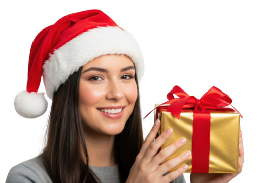 Woman in santa hat holding a gift box, isolated on transparent background
