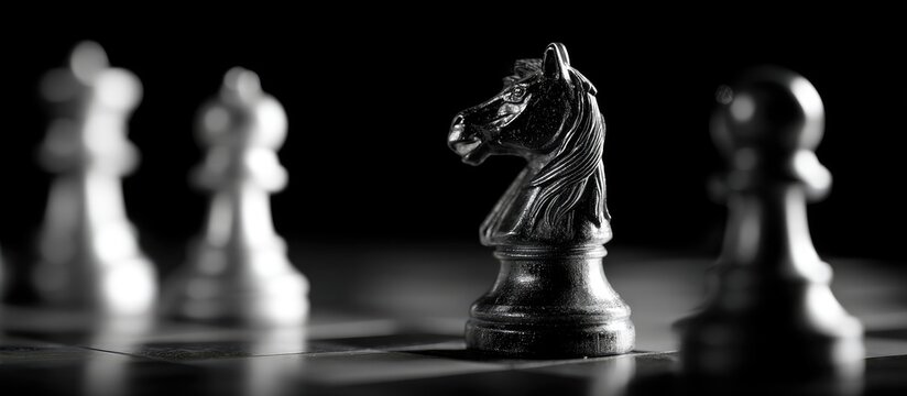 Monochromatic shot of a focused black chess knight on a board, other pieces blurred