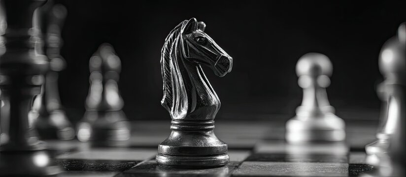 Close-up of a black chess knight on a board, surrounded by blurred pieces