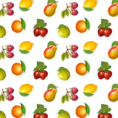 Berries and fruits on a white background.Vector seamless pattern with bright ripe berries and fruits on a white background.