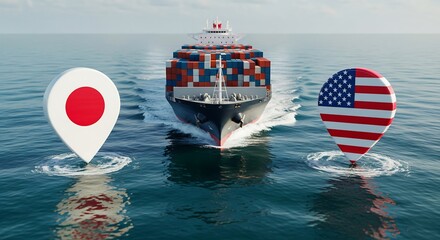 Massive cargo ship sailing between the USA and Japan, symbolizing global trade and international commerce with a focus on import and export business