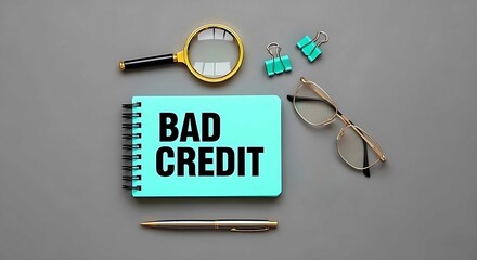 Bad credit concept on a notepad with office supplies on a gray background