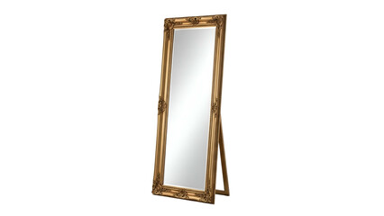Ornate, freestanding full-length mirror, gold-toned frame with intricate carvings, black background