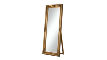 Ornate, freestanding full-length mirror, gold-toned frame with intricate carvings, black background