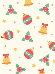 Colorful seamless Christmas pattern featuring Christmas balls, bells, and mistletoe on warm yellow background. Perfect for cheerful winter crafts, labels, and cozy decor items.