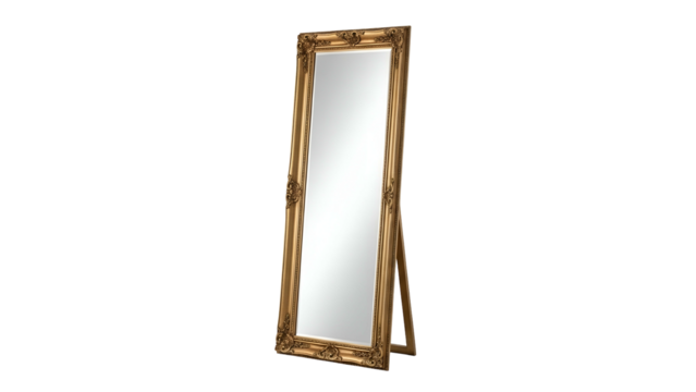Ornate, freestanding full-length mirror, gold-toned frame with intricate carvings, black background