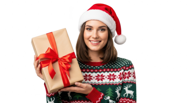 Smiling woman in santa hat holding christmas gift isolated on transparent background
