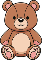 Cute Cartoon Teddy Bear Vector Illustration Sitting Down, Featuring Soft Brown Fur and Pink Paws, Ideal for Baby Shower Invitations, Toys, and Children's Designs.