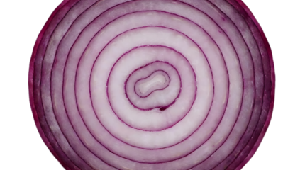 Cross-section slice of a red onion showing concentric purple rings and layers, isolated on a transparent background.