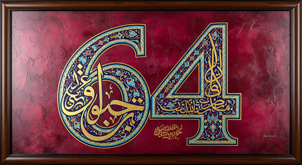 Intricate arabic calligraphy art displaying the number sixty four in vibrant colors on a textured red background