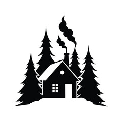 Obraz premium Charming winter cabin nestled among tall pine trees with smoke Vector