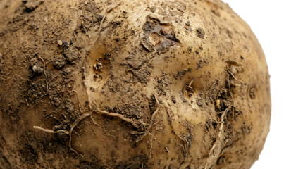 Close-up of a raw potato covered in dirt and soil, representing fresh harvest and organic root vegetables on a transparent background.