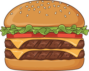 Delicious Double Cheeseburger Vector Illustration with Sesame Seed Bun, Fresh Lettuce, Sliced Tomato, and Two Hearty Beef Patties for Restaurant Menu Design.