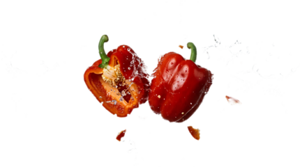 Red bell pepper cut in half creating a splash with seeds and particles flying, dynamic cooking concept on a transparent background.