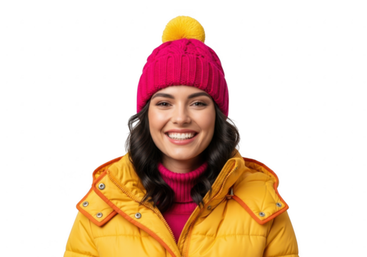Woman in pink hat and yellow winter jacket isolated on transparent background