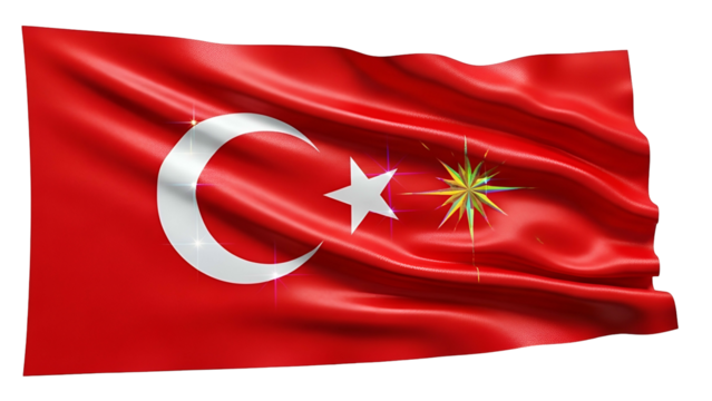 Crimson flag with crescent moon, star, and vibrant multi-pointed shape