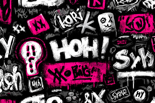 Grunge Punk Rock Graffiti Skull Typography Black Pink Seamless Pattern