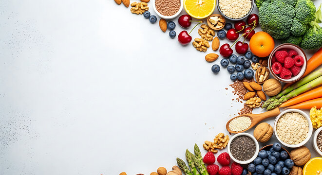 Vibrant assortment of fresh fruits vegetables nuts and grains