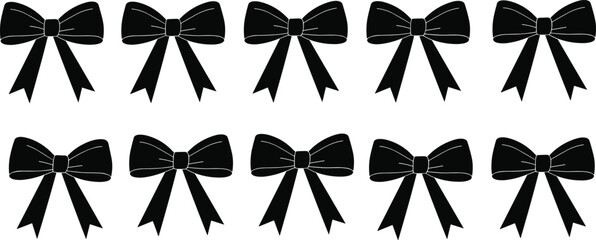 Black bow illustration set, ribbon clipart, festive decoration, monochrome style, holiday design, gift wrap element, elegant graphic icons