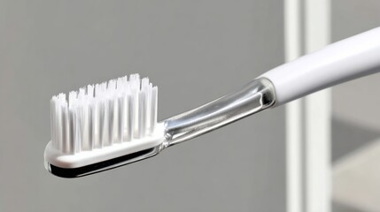 Close-up view of a modern toothbrush with soft bristles, showcasing its sleek design and ergonomic handle, ideal for daily dental hygiene and oral care routines