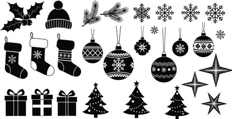 Black Christmas icon bundle, festive silhouette vector with Christmas trees, ornaments, stockings, snowflakes, gifts, stars, pine branches, winter holiday design