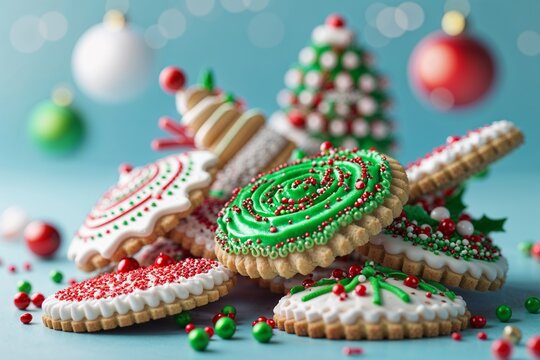 Christmas holiday dessert macro featuring decorated cookies on blue background  