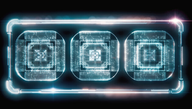 Digital Interface: A high-tech digital interface showcases glowing digital elements and intricate design details, set against a dark backdrop. - Powered by Adobe