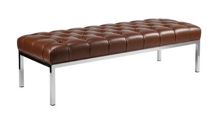 Brown tufted leather bench with chrome legs, on black background