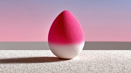 Vibrant pink and white beauty sponge resting on textured surface, with soft gradient background creating a serene atmosphere, ideal for makeup application and beauty routines