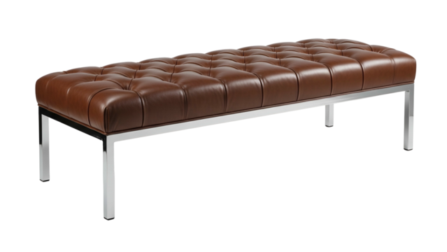 Brown tufted leather bench with chrome legs, on black background