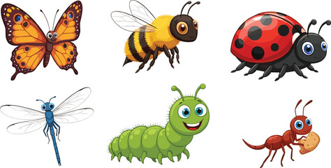 Cartoon Insects Collection with Butterfly, Bee, Ladybug, Dragonfly, Caterpillar, Ant Holding Cookie – Fun Vector for Kids Education