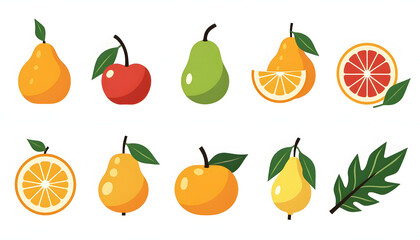 Obraz premium Colorful fruit illustrations of pears, oranges, apples, and grapefruit on white