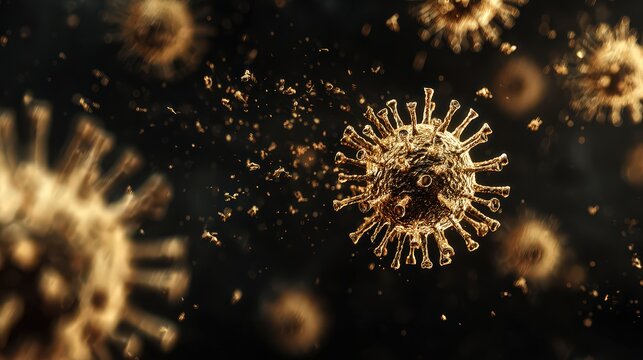 Digital Illustration of Virus Particles Against Black Background with Dynamic Lighting