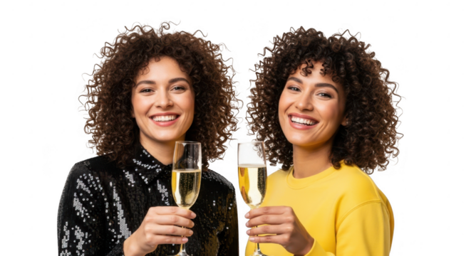 Two smiling women with curly hair holding champagne glasses, isolated on transparent background